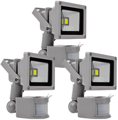 Immagine prodotto di Greenmigo 3 pezzi faretti LED da 10 W + sensore di movimento, proiettori, faretti a luce fredda, lampade a luce fredda, illuminazione per esterni, faretti impermeabili IP65, applique