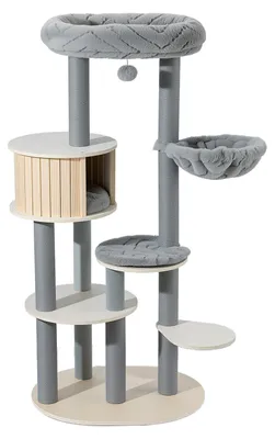Productafbeelding van Fudajo Urban Studio: 163 cm hoge krabpaal, grijs, met kattenhuis, hangmat, kattenbed en krabpalen van papierkoord