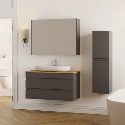 Produktbild von Badmöbel Set Lara Konsole 100 Eiche | Waschtisch | Unterschrank | Spiegelschrank