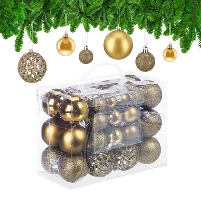 Image de Lot de 50 boules de Noël Relaxdays, boules de sapin scintillantes, mates et brillantes, en plastique, ∅ 3, 4 et 6 cm, dorées