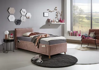 Produktbild von Meise Möbel Kinderbett FUN 90x200 cm | Bettkasten & Lattenrost | Webstoff Rose | Holzfuß eichefarbig