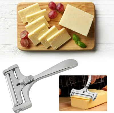 Obrázek produktu pro Kráječ sýrů s válečkem a řezacím drátem, variabilní tloušťka řezu, nerezová ocel/hliník, retro design, rotační řezání, stříbrná