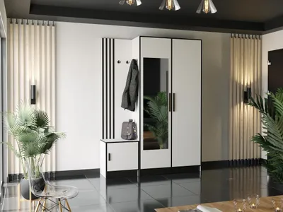 Produktbild von KIER FURNITURE Garderobe mit Sitzfläche Dior13 - Elegante Leisten - 158x205x39 cm Weiß