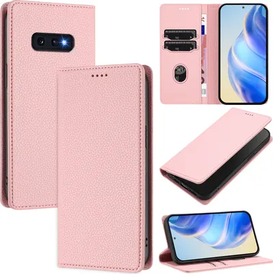 Produktbild von Litchi Leder Handyhülle für Samsung Galaxy S10E Wallet Kartenfächer Standfunktion Hülle Pink