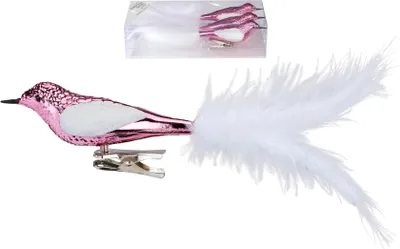 Image de Décorations de Noël en plastique : oiseaux avec plumes sur clip, lot de 3 - rose
