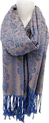 Produktbild von Damen Winter Schal » Winterschal 175 x 70 cm » Fransenschal mit Paisleymuster » Blumen Muster » seidig weich: Blau-Braun Farbe: Blau-Braun