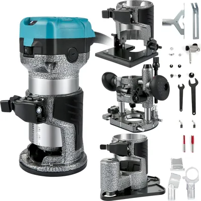 A collage of a router and its various bases and accessories, presented on a white background.