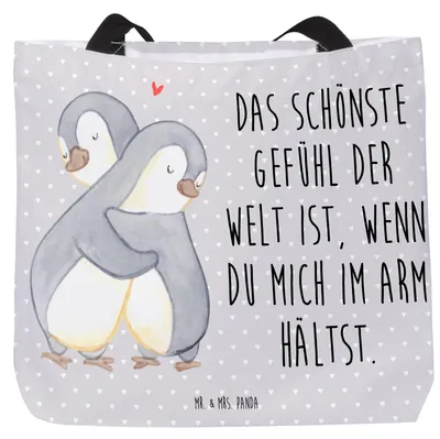 Produktbild von Mr. & Mrs. Panda Strandtasche Pinguine Kuscheln - Grau Pastell - Geschenk, für Partner, Frauen, Freundin, Beutel, Mitbringsel, Hochzeitstag, Tasche, Laptoptasche