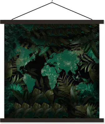 Produktbild von MuchoWow® Textilposter Weltkarte - Grün - Pflanzen 90x90 cm mit schwarzem Rahmen - Magnetisches