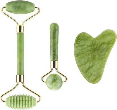 Produktbild von Gua sha Stein, Jade Roller und Gua Sha Set, Gesichtsroller aus Jade, Original Jade Massagegerät, Gua Sha aus Jade Gerillter Rollmassierer, Gua Sha Beruhigt und Entspannt Die Haut