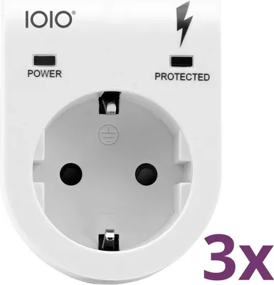 A white surge protector adapter with a European-style socket.