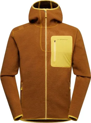 Brauner Agon Hoody M von La Sportiva mit gelben Akzenten und einer Brusttasche.