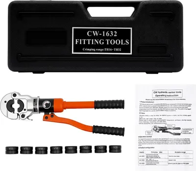 Produktbild von Hydraulisches Presszangenset - Rohrpresszange - V12, V15, V18, V22, V28 Pressbacken - 80 kN Presskraft - Hub 15 mm - 41Cr4 Stahl - Orange
