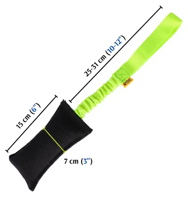 Produktbild von Dingo Beisswurst Agility Hundespielzeug, 15 x 8 cm, leicht und schwimmfähig, für Training und Zerrspiele, Schwarz mit grünem Griff