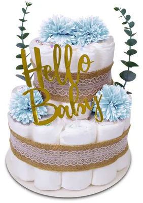 Produktbild von MilaBoo® Boho Windeltorte blau mit Eukalyptus – 2-stöckiges Vintage Babygeschenk zur Geburt, Babyparty & Taufe