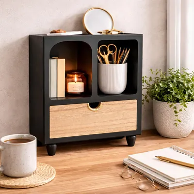Produktbild von Minikommode mit Schublade MDF Aufbewahrungsschrank mit offenen Fächern