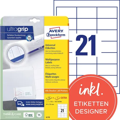 Image de Avery Zweckform 6170 Étiquettes universelles, A4 avec ultragrip, étiquettes d'adresse 64 x 36 mm, blanc