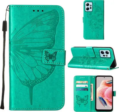 Produktbild von Lederhülle für Xiaomi Redmi Note 12 4G Schmetterling Prägung Flip Ledertasche Kartenfächer Handyhülle mit Ständer Grün