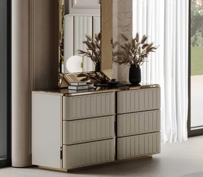 Image de Élégante coiffeuse avec plateau texturé et accents métalliques