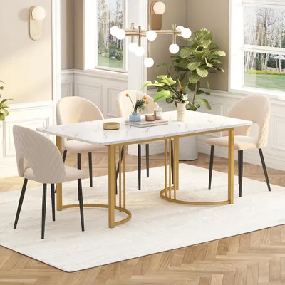 Obrázok produktu pre Jedálenský stôl - Obdĺžnikový jedálenský stôl - 140 × 80 × 75 cm - Kovová konštrukcia - Nastaviteľné nohy - Pre 6 osôb - Moderný dizajn - Zlatá farba