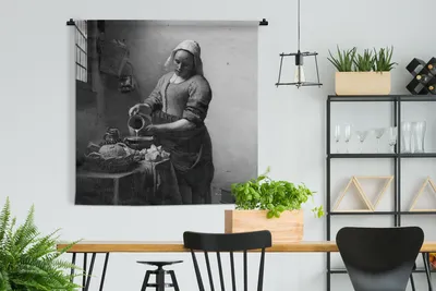 Produktbild von MuchoWow® Wandteppich Wandbehang Das Milchmädchen - Gemälde von Johannes Vermeer - schwarz und weiß 150x150 cm Tapisserie Dekoration Wandtuch - Wohnaccessoires - Modernes