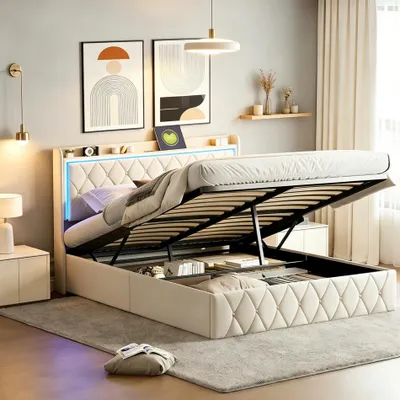 Image de INONEFT, lit capitonné 140 x 200 cm, lit double avec LED et port USB, lit box à ressorts hydraulique avec espace de rangement, tête de lit, lit pour adolescents, sommier à lattes, velours, beige