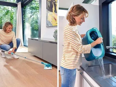 Zdjęcie produktu dla Środek do czyszczenia podłóg z miękką nakładką do parkietu i drewna, mop z systemem zatrzaskowym