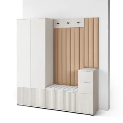 Produktbild von Garderoben-Set Ritmo version 7 – gefräste Kleiderschrank mit Polsterplatten, Schuhschrank, für Flur und Eingangsbereich (Cashmere, Trinity 04)