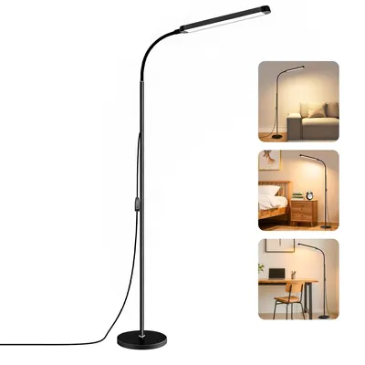 A collage of images showing a black LED floor lamp in different settings: next to a sofa, next to a bed, and on a desk.