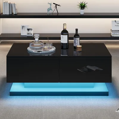Immagine prodotto di Sweiko 90x50x38cm tavolino nero lucido, tavolino da divano con 2 cassetti, dotato di un suggestivo tavolino da salotto con illuminazione a LED, controllato tramite un'app mobile.