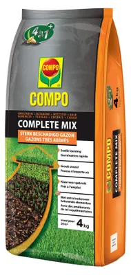 Produktbild von Compo Rasensamen 4 kg für 20 m² - Complete Mix - Ausbesserung stark beschädigter Rasenflächen - 4 in 1 : Rasensamen, Blumenerde, Dünger + Kalk - schnelle Keimung - Rasensamen + Blumenerde + Dünger + Kalk