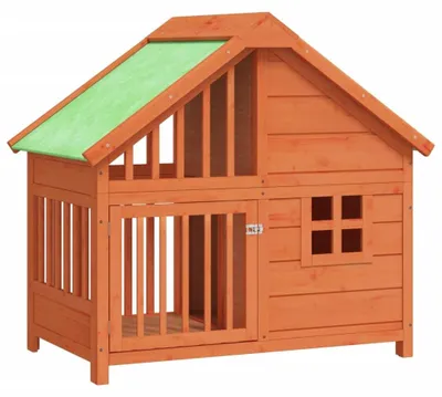 Imagen del producto de Caseta para perros, color marrón, fabricada en madera de pino maciza, dimensiones 96 x 60,5 x 87 cm, con techo impermeable
