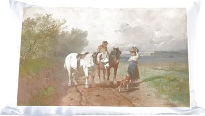 Produktbild von MuchoWow® Zierkissen Sofakissen Wohnzimmer Dekokissen 60x40 cm Gespräch auf einer Landstraße - Gemälde von Anton Mauve - Kopfkissen - Polster mit Foto