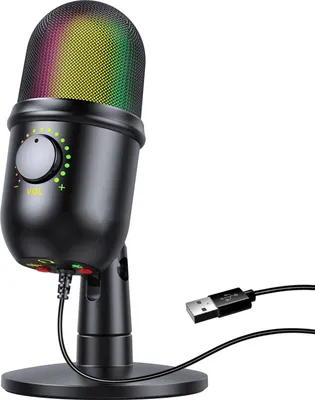 Produktbild von RGB-Kondensatormikrofon, Nierencharakteristik, USB-Mikrofon mit buntem Lichteffekt, Ein-Knopf-Stummschaltung, Echtzeit-ueberwachung mit Desktop-Mikrofonstaender fuer Live-Streaming-Videokonferenz-Online-Spiele auf Laptops, PCs