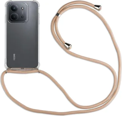 A smartphone with a clear case and a beige lanyard is shown against a white background.