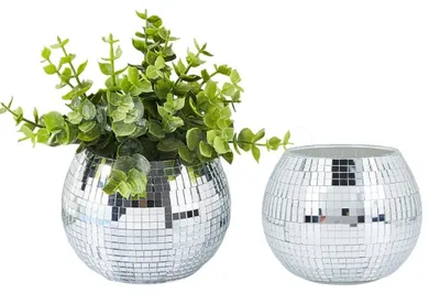 Immagine prodotto di Omgoods - Vaso a forma di sfera da discoteca - Vaso rotondo - Vaso decorativo - Specchio argentato - Vetro - 11,8 x 9,5 cm