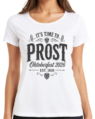 Immagine prodotto di È ora di brindare! Maglietta da donna "Oktoberfest 2026", con scritta "Bier Wiesn Lederhose Dirndl", colore bianco, taglia L