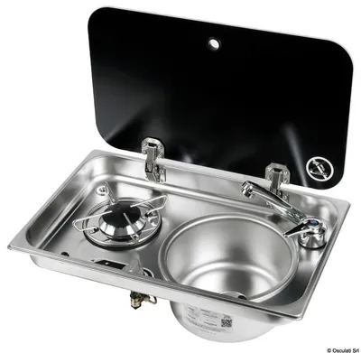 Image de Plaque de cuisson simple encastrée - évier à droite avec couvercle en verre et mitigeur - Osculati 50.714.01