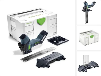 A collage of images showing a Festool cordless insulation saw and its accessories, including a storage case and different attachments.