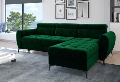 Produktbild von Easy4You Ecksofa Bjorn Velvet L-Form Flaschengrün – 252x101x175 cm - Schlafsofa mit Bettkasten und Schlaffunktion - Eckcouch mit Stauraum - Verstellbare Kopfstützen –  Stoff Monolith 37