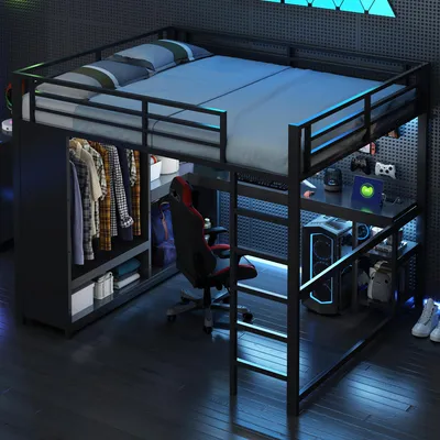 A loft bed with a desk and closet, set up in a modern bedroom with gaming-themed decor.