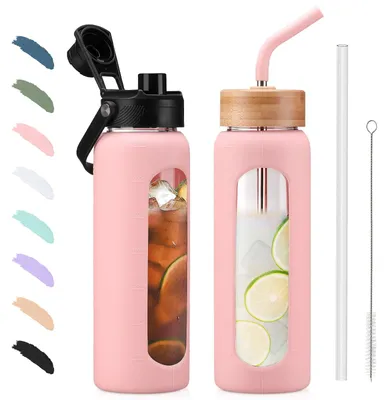 Immagine prodotto di Bottiglia d'acqua in vetro da 700 ml con cannuccia - Priva di BPA, con indicatore del tempo, rosa