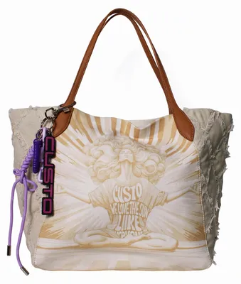 Produktbild von Handtasche Celestia Plus, Damenmodell, aus echtem Leder, in den Farben Blau und Off-White, mit ikonischem Print