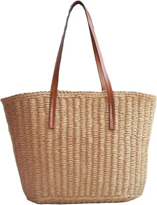 Produktbild von DTC GmbH robuste Strandtasche Handtasche für Frauen, handgewebt aus hochwertigem Rattan und Polyester, mit weichem Griff und sicherem Reißverschluss, 41x 27 cm