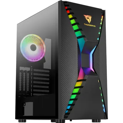 A black computer tower with RGB lighting.