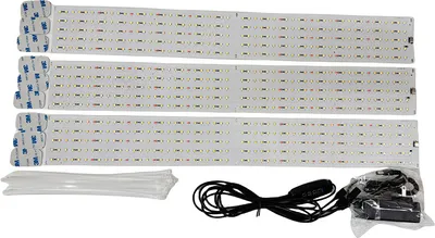 Three LED grow light panels are laid out horizontally, with accessories like zip ties and a power adapter below.