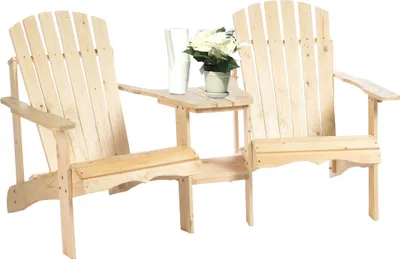 Produktbild von Outsunny Adirondack zahradní židle se stolem a otvorem pro slunečník 2místné zahradní křeslo Sedací souprava Zahradní nábytek na balkon z masivního dřeva Přírodní 178 x 87 x 92 cm