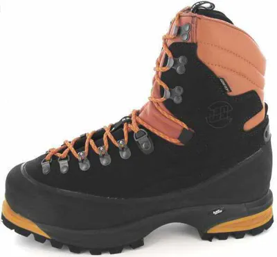 A side view of a black and orange hiking boot against a white background.