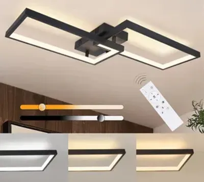 A collage showing a modern black ceiling light with multiple rectangular frames, a remote control, and sliders demonstrating dimming and color temperature adjustments.