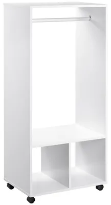 Image de Armoire ouverte sur roulettes avec tringle et étagères, pour vêtements suspendus et pliés, 60 x 40 x 128 cm, blanche